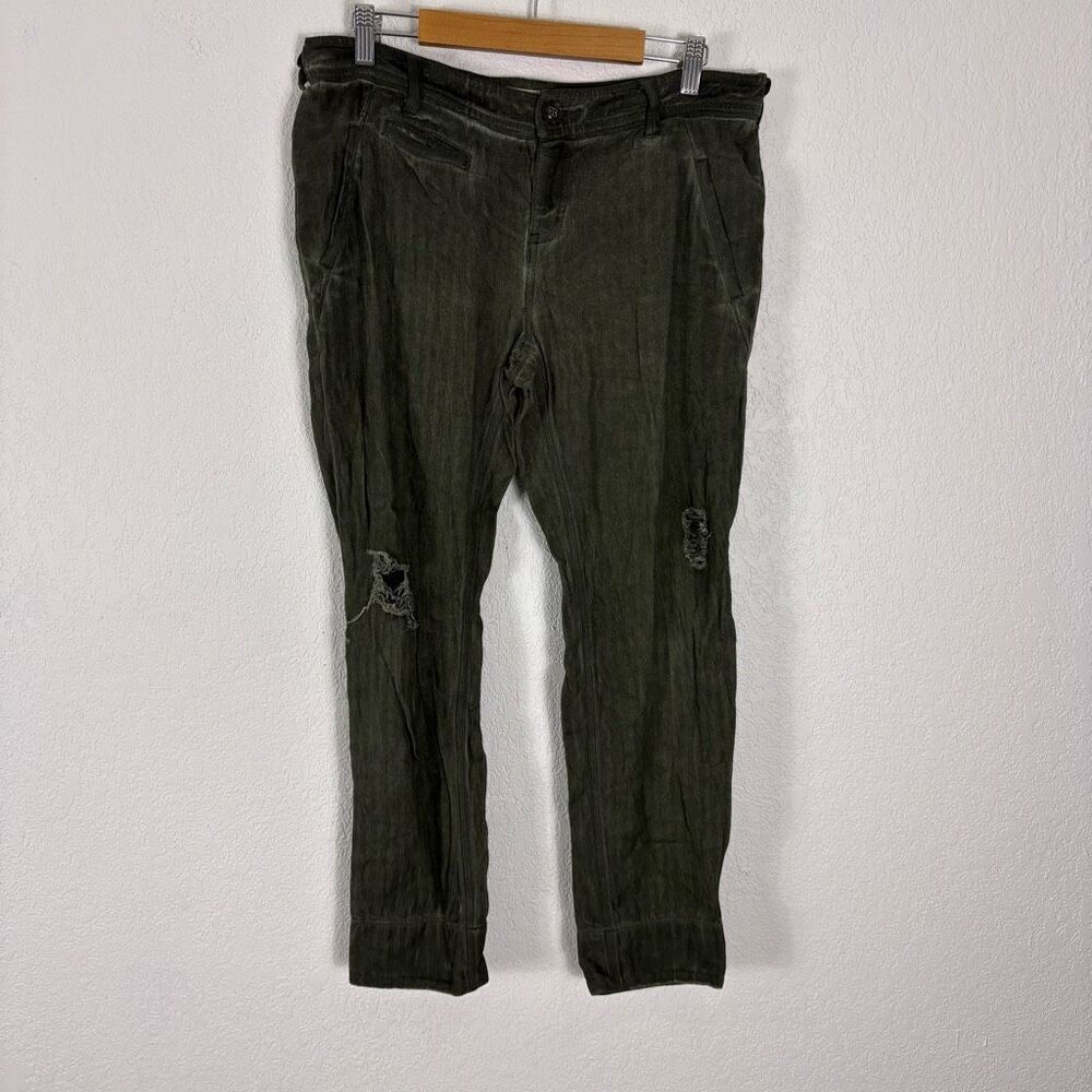 Free People Green Linen Blend Distressed Straight Leg Pants Size 6